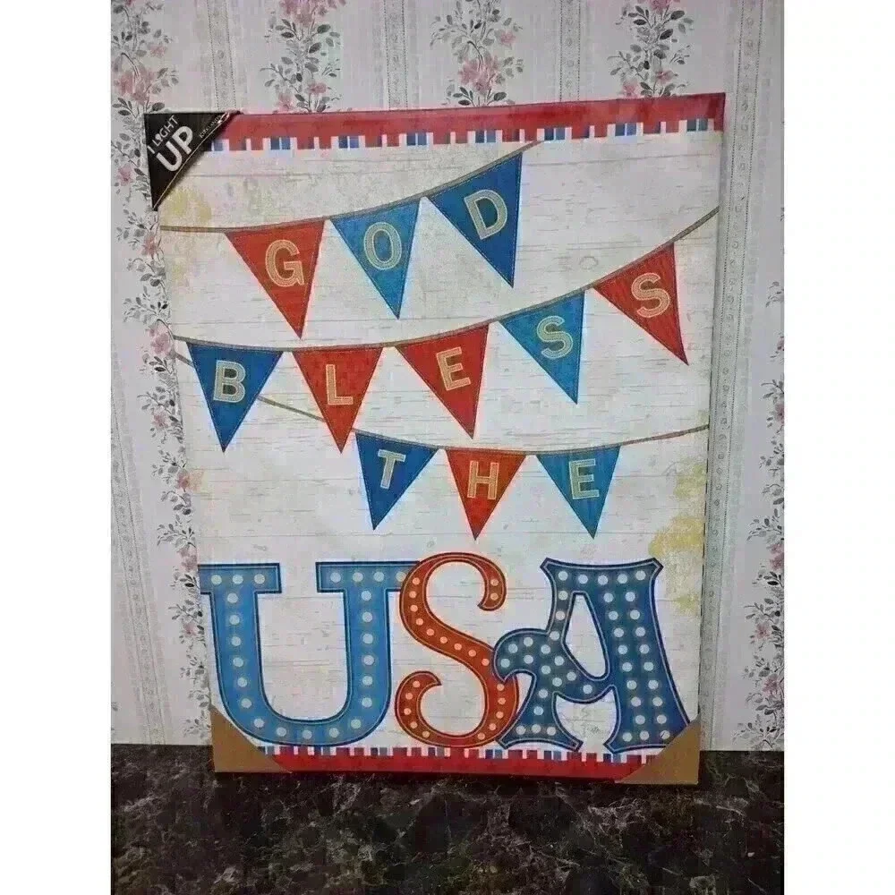 Kirkland's Light Up Poster Sign God Bless The USA Red White Blue Wall Hanging - Picture 1 of 8